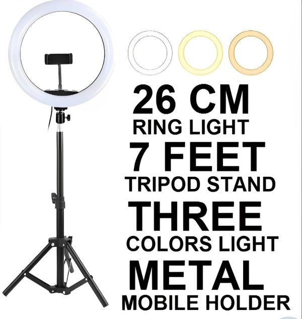 26cm LED Selfie Ring Light with Phone Mount, 7ft Adjustable Tripod, 3 Color Modes, USB-Powered Dimmable Light for Photography & Video Shooting